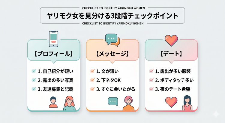 ヤリモク女を見分ける3段階チェックポイントの図解